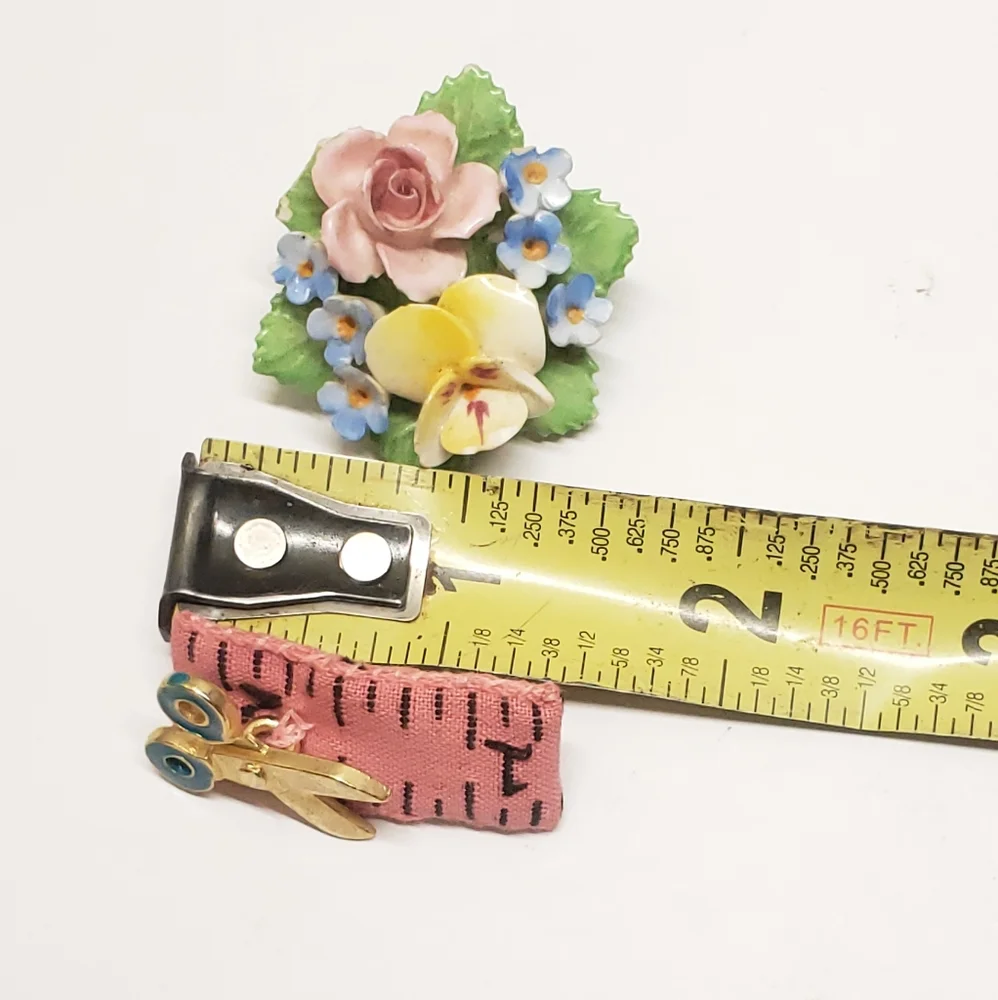 Vintage Denton England Ceramic Flower Brooch & Handmade Tape Measure Scissor Pin